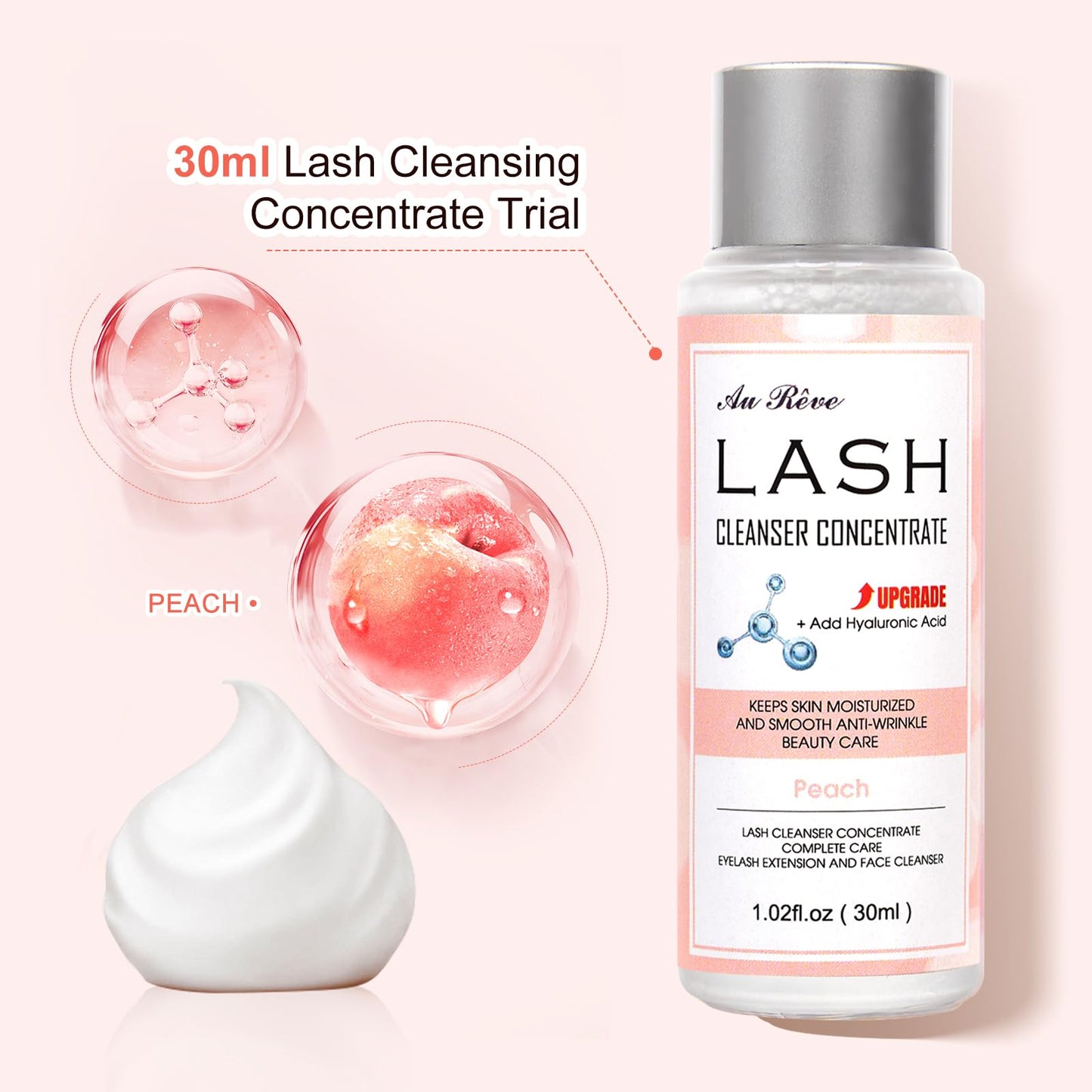 AuReve Lash Shampoo Concentrate 30ml Lash Cleanser Concentrate Add Hyaluronic Acid Oil-Free Lash Extension Shampoo Perfect for Salon，Peach