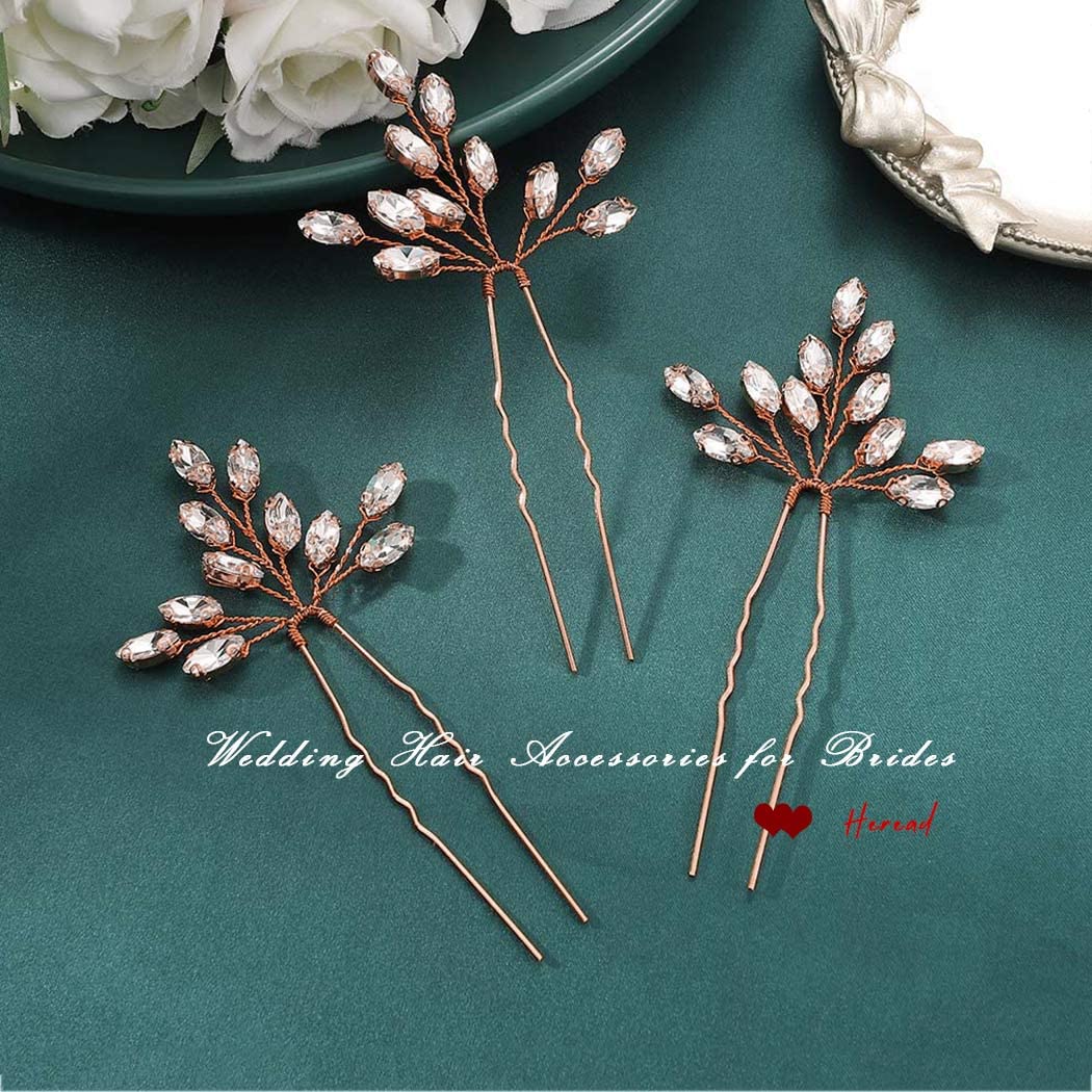 Heread Crystal Bride Wedding Hair Pins Rhinstones Bridal Hair Accessories Head Piece for Women and Girls (Pack of 3) (B Rose Gold)