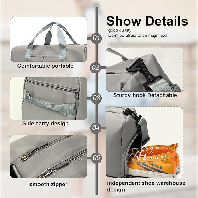 ZGWJ Sports Gym Bag with Wet Pocket & Shoes Compartment, Waterproof Shoulder Weekender Bag for Women and Men Swim Sports Travel Gym Bag Lightweight and easy Carry on Grey