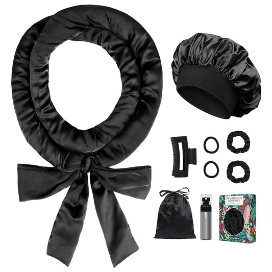Gwabee Satin Heatless Curls Overnight Hair Curlers to Sleep In Hair Curler Rollers No Heat Hair Wrap for Curls Headband, 70" Satin Heatless Curling Rod Set for Women Long Waves Hair Volume -Black 9PCS