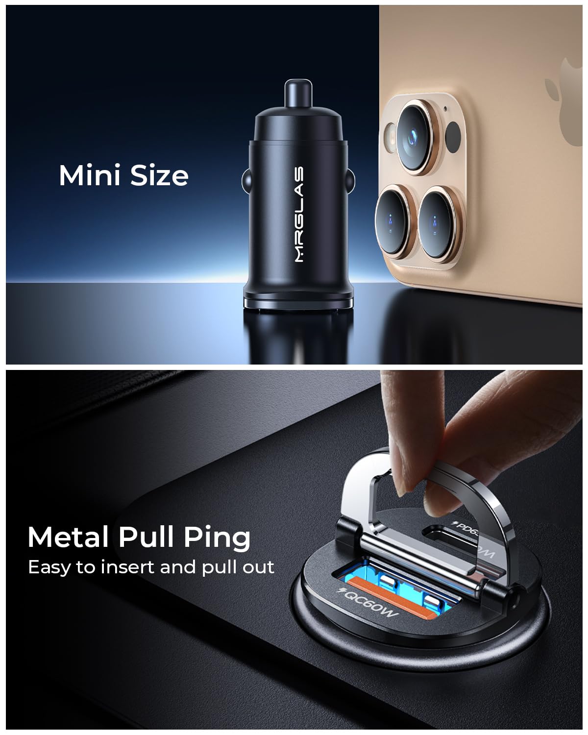 【Upgraded】 125W USB C Car Charger Super Fast Charging for iPhone 16, [PD65W & QC60W][All Metal] MRGLAS Cigarette Lighter Car Charger,Car Accessories Dual Port for iPhone 15 iPad Samsung S25 MacBook