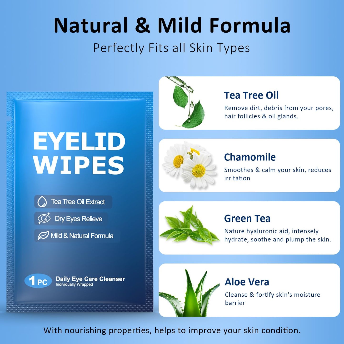 30PCS Eyelid & Lash Wipes for Itchy & Dry Eyes, Tea Tree Oil Eyelid Wipes for Styes & Blepharitis, Daily Eye Cleansing Wipes, Hypoallergenic & Soothing For Sensitive Eyes, Stay Hydrated Lid Wipes