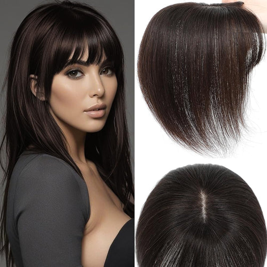 Hair Toppers for Women Real Human Hair, 3D Cover Clip in Bangs Realistic Scalp Line Human Hair Toppers for Women with Thinning Upgrade Basement with French Bangs (Dark Brown, French)