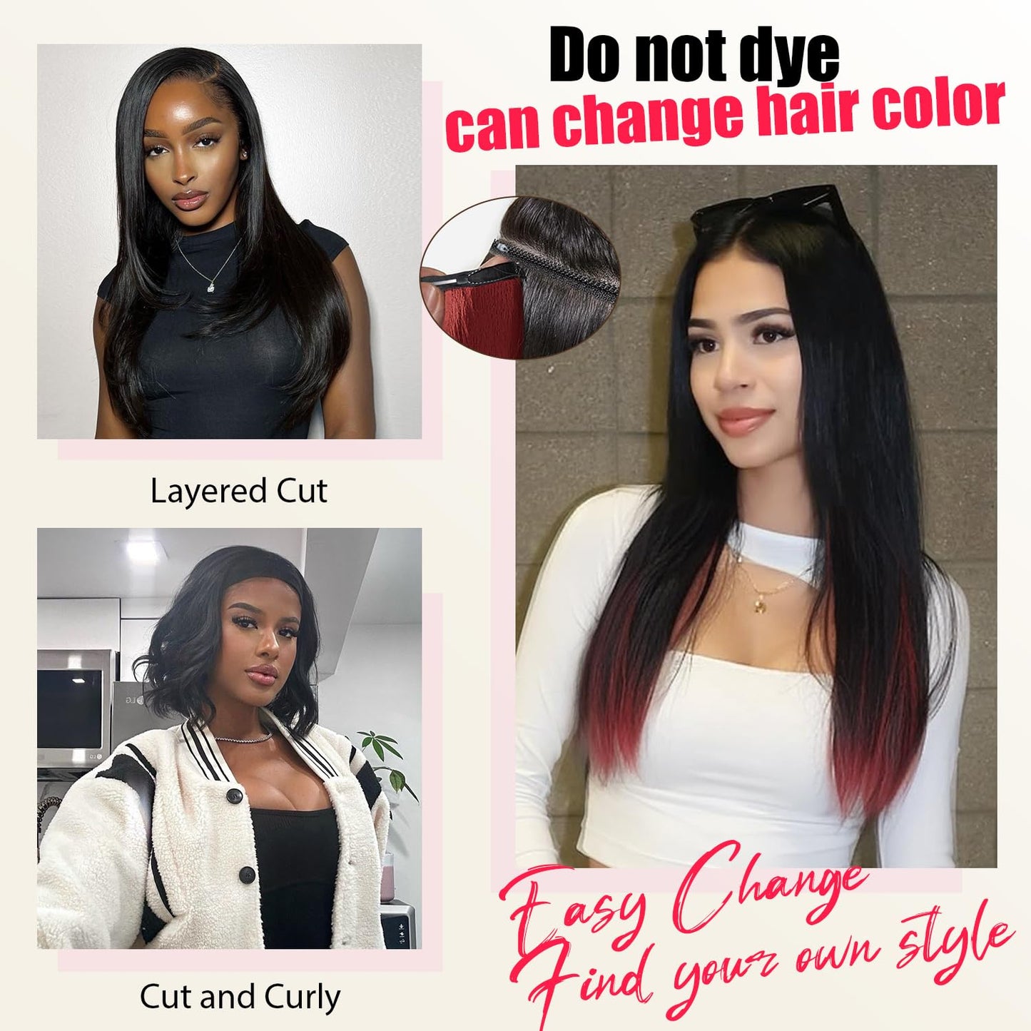 Glueless Wigs Human Hair Pre Plucked Pre Cut 20 Inch Magic Human Hair Wig that Can Change Colors 6x4 Straight Hd Lace Front Wigs Human Hair Wigs for Women 200% Density Nature Black Wig with Red