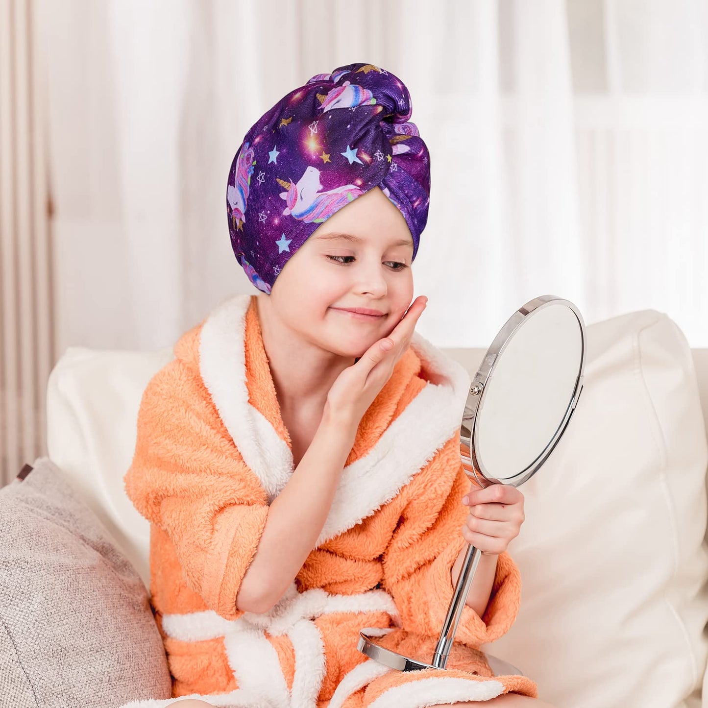 FIOBEE Microfiber Hair Towel Wrap for Kid Rapid Drying Towel Absorbent Hair Turbans for Wet Hair with Button Women Girls Long Curly Hair Pack of 2, Purple