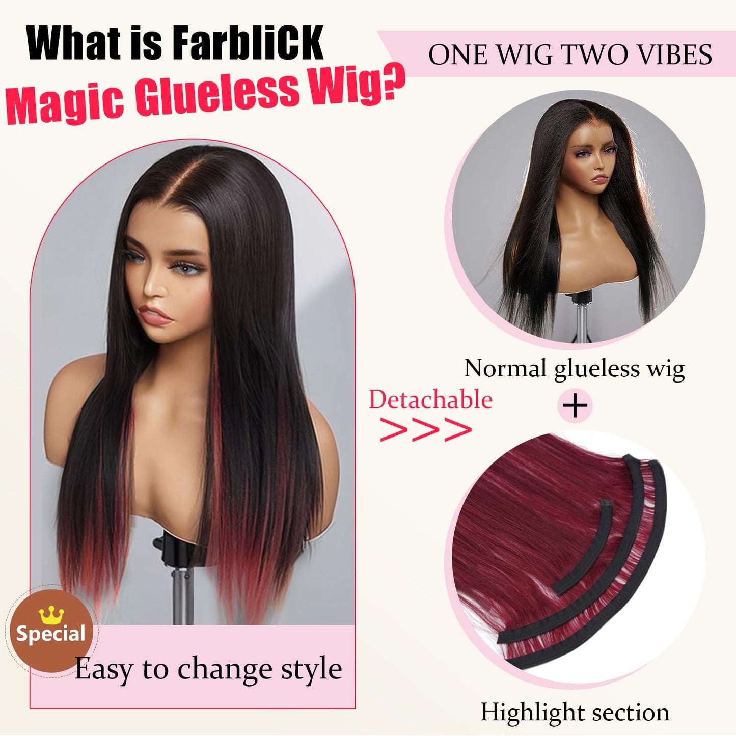 Glueless Wigs Human Hair Pre Plucked Pre Cut 20 Inch Magic Human Hair Wig that Can Change Colors 6x4 Straight Hd Lace Front Wigs Human Hair Wigs for Women 200% Density Nature Black Wig with Red