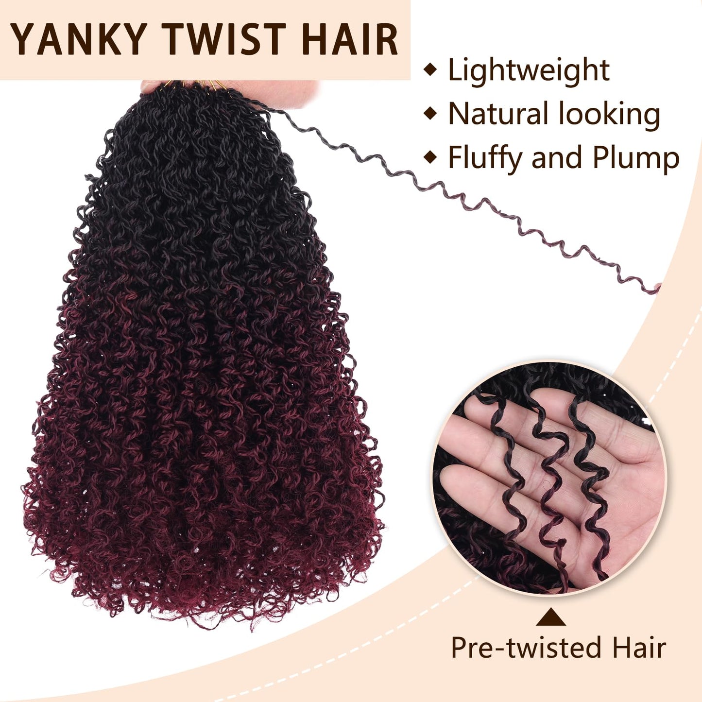 COOKOO 8 Packs 12 Inch Pre-twisted Synthetic Crochet Braiding Hair Ombre Burgundy Short Micro Passion Twists Braiding Hair Pre Looped Yanky Twist Crochet Hair Curly Ends for Women 1B/Bug