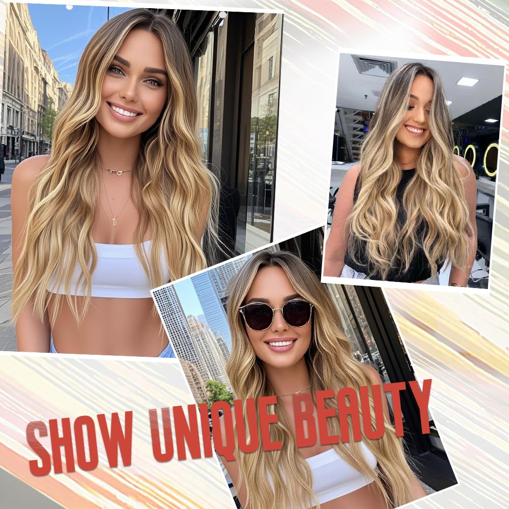 HMHIFI Long Ombre Blonde Highlights Wig for Women 26 inch 4x1 Lace Hairline Wigs Upgraded Protein Fiber Natural Looking Hair Replacement Wig Cosplay Costume Halloween Wig