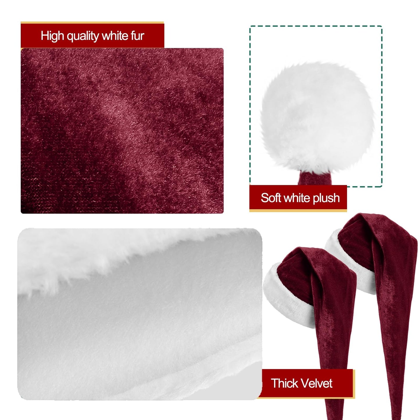 Funnysoft 2 Pcs Santa Hat Adults Unisex Velvet Christmas Hat Extra Thicken Classic Plush Holiday Hats for Adult Xmas Supplies(Burgundy,Long Style)