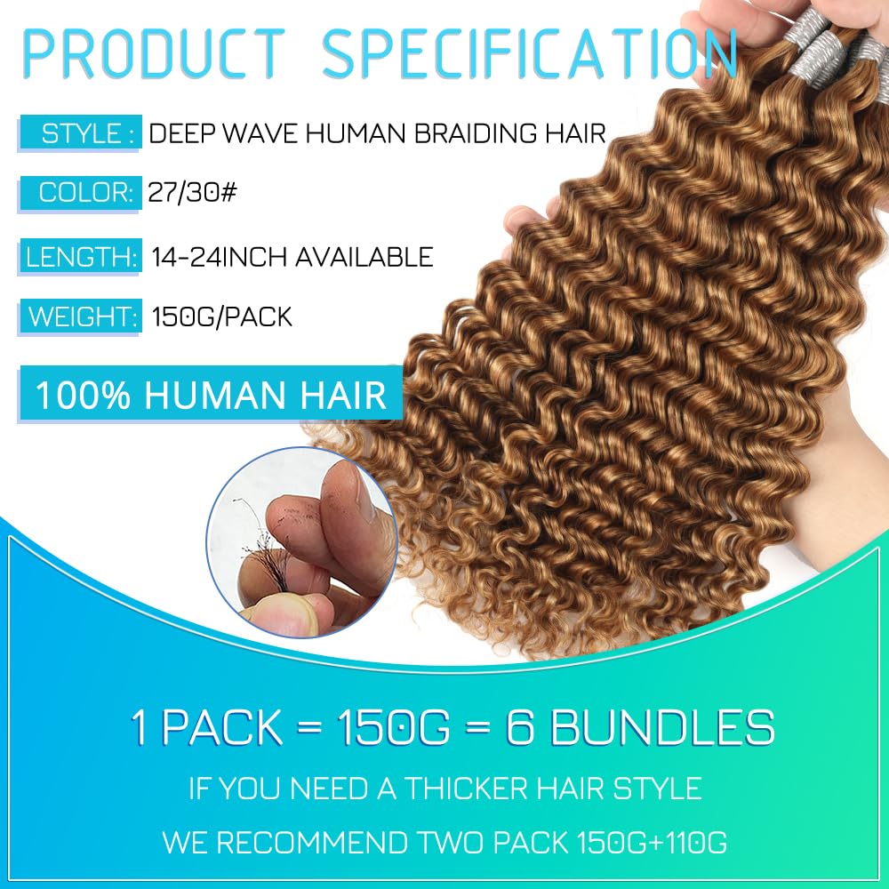 Brown Braiding Hair Human Hair 20 Inch 6 Bundles Deep Wave Human Hair Braiding hair No Weft Brazilian Virgin Curly Human Braiding Hair Extensions for Boho Braids 150g 27/30#
