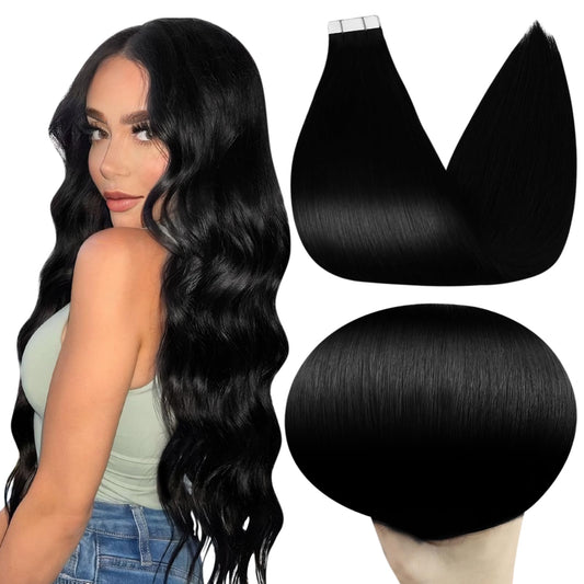Full Shine Tape in Hair Extensions Human Hair Color 1 Jet Black Skin Weft Tape in Extensions 14 Inch invisible Tape in Hair Extensions Real Human Hair 40 Pcs Long Hair Extensions 100 Gram For Women
