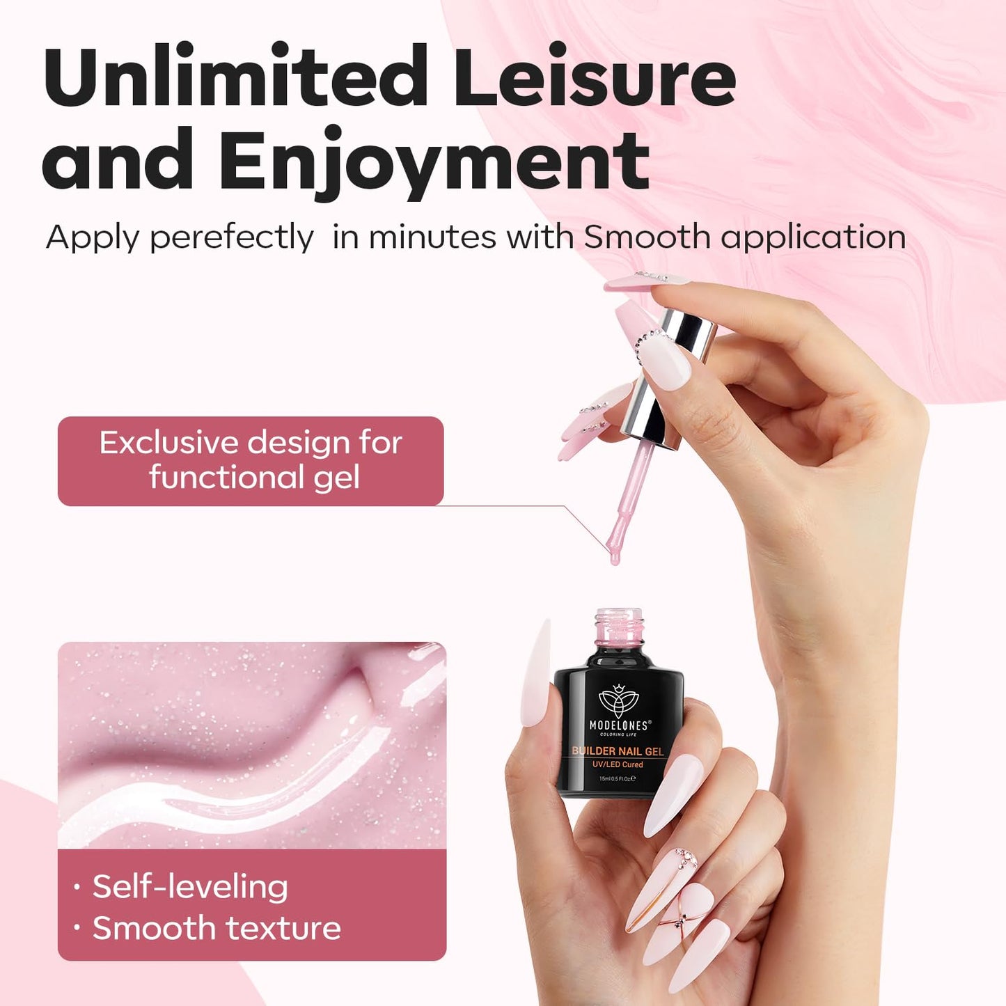 modelones Builder Nail Gel, 8-in-One Nude Pink Glitter Builder, Rainbow Iridescent Shimmer Nail Gel Polish, Jelly Pink Sparkle LED Lamp Cured Hard Rubber Color Base for Home DIY Salon Girls