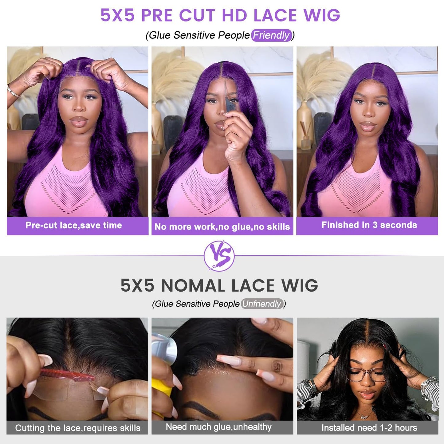 Glueless Purple Lace Front Wigs Human Hair for Women 5x5 Purple Body Wave Frontal Wigs 200% Density Pre Plucked HD Transparent Lace Closure Colored Human Hair Wig 18 Inch