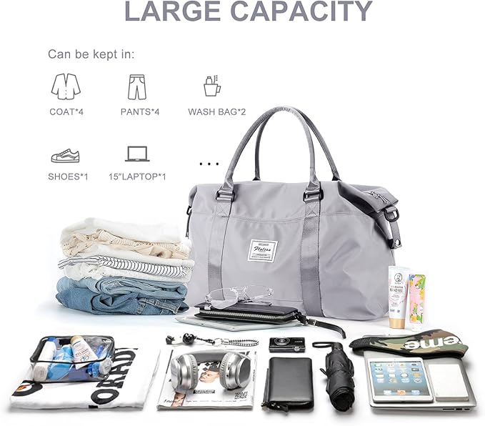 Womens travel bags, weekender carry on for women, sports Gym Bag, workout duffel bag, overnight shoulder Bag fit 15.6 inch Laptop (Large, Grey)