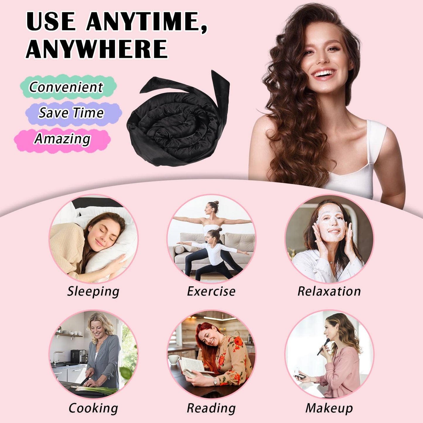Gwabee Satin Heatless Curls Overnight Hair Curlers to Sleep In Hair Curler Rollers No Heat Hair Wrap for Curls Headband, 70" Satin Heatless Curling Rod Set for Women Long Waves Hair Volume-Black 10PCS