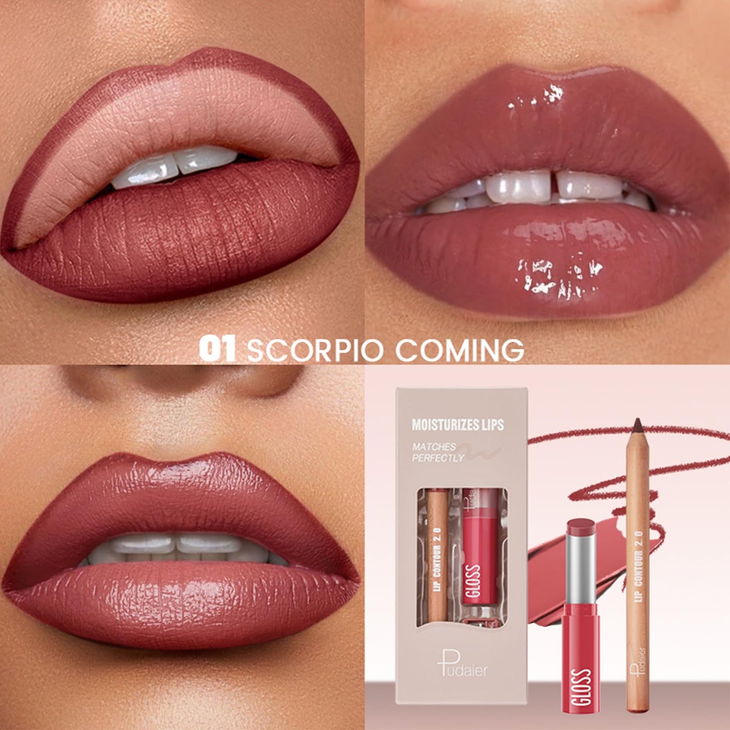 2Pcs Lipstick and Lip Liner Combo, Lip Liner and Lip Gloss Kit for Women, Matte Lip Pencil and Smooth Hydrating Lipstick with Sharpener, Non-Stick Lip Makeup Set