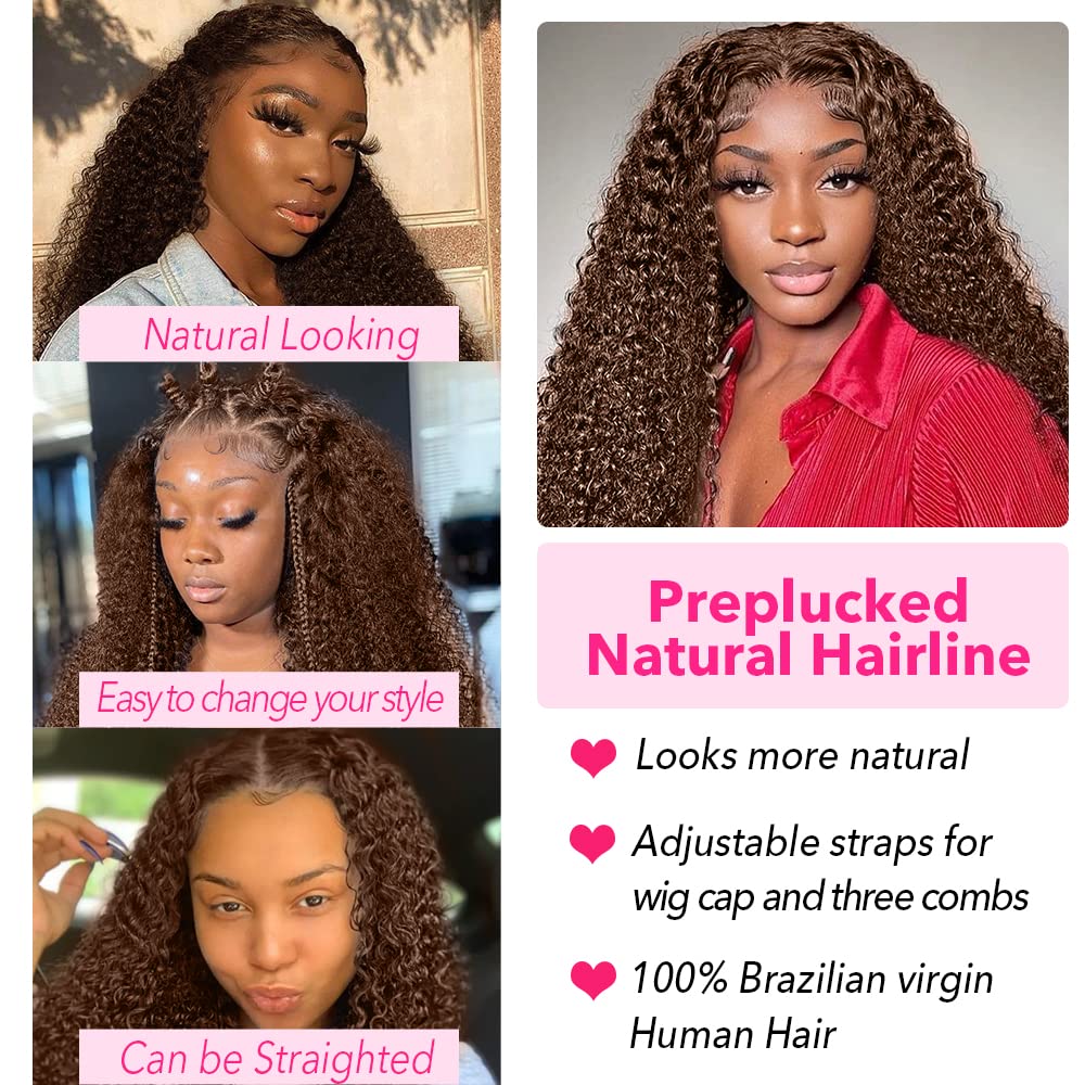 250% Density Mongolian Curly Lace Front Wigs Human Hair 13x6 Auburn Brown HD Transparent Lace Front Wigs Human Hair for Women With Baby Hair Chocolate Deep Curly Lace Front Wigs Human Hair
