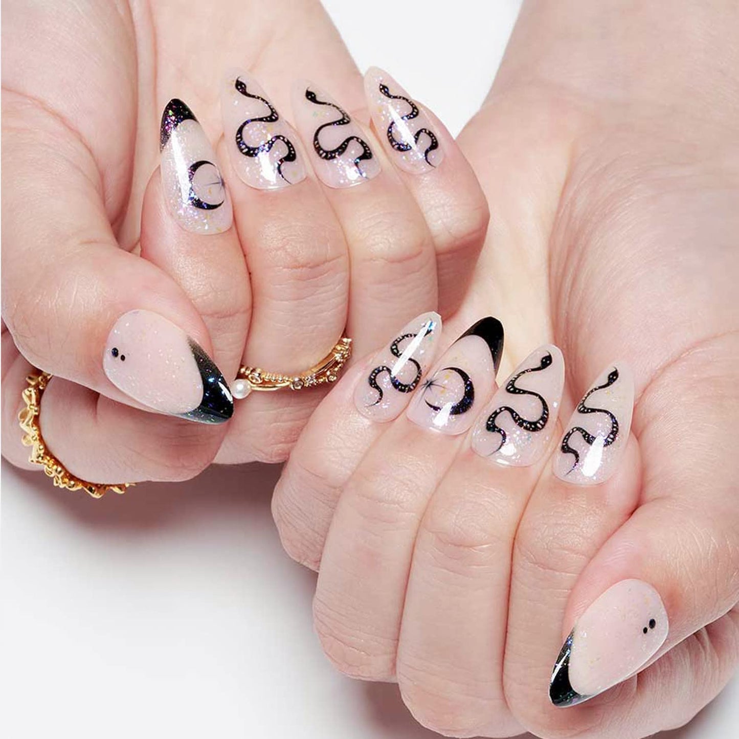 GLAMERMAID Nude White Press on Nail Medium Almond, Natural White Crush Nail, Stiletto Fake Nail with Glitter Snake Design, Short Oval Stick Glue on Nail Tips for Women, Reusable Acrylic False Nail Kit