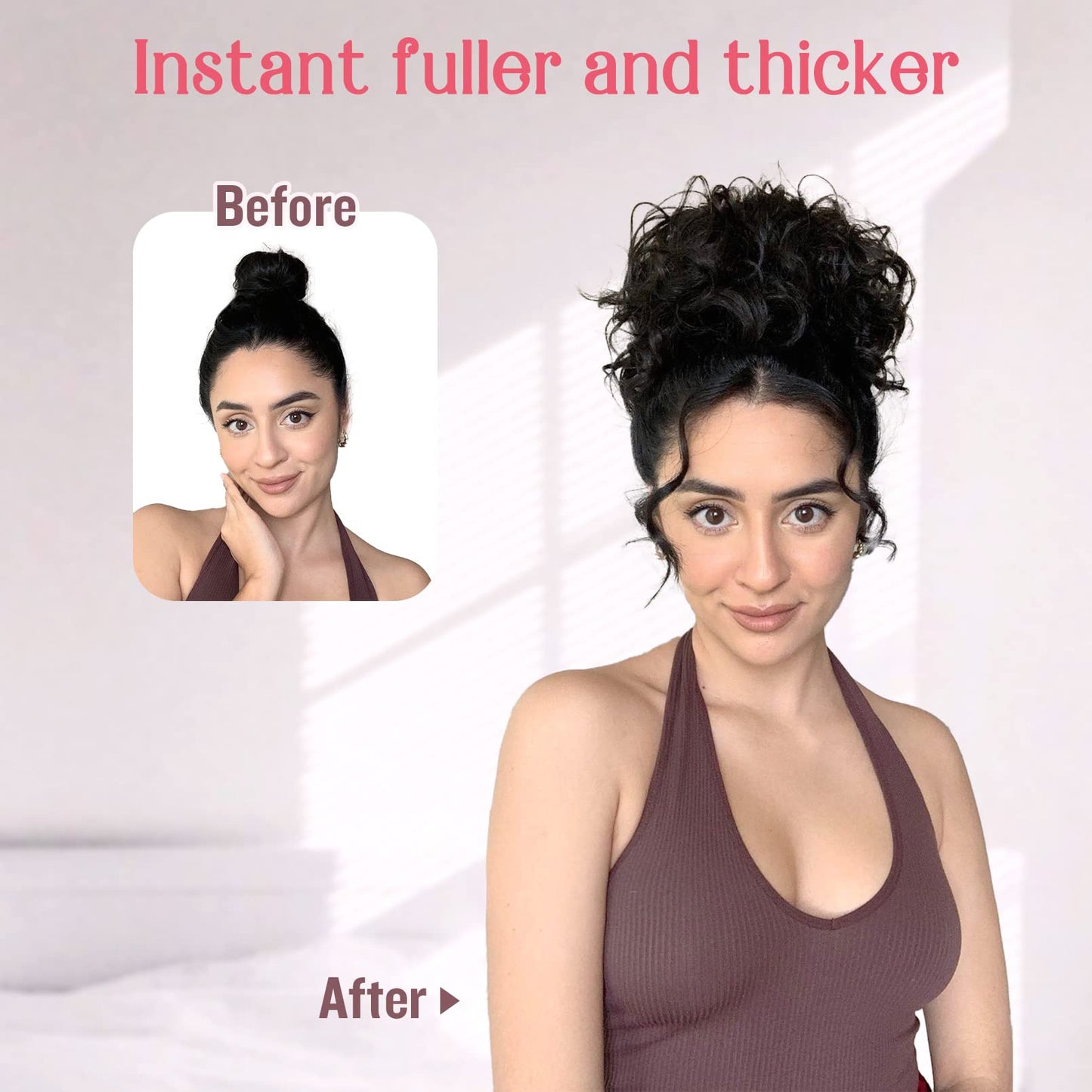 HOOJIH Curly Hair Bun, Messy Bun Hair Piece Elastic Drawstring Messy Bun Large Full Hair Bun Extension Hairpiece Short Synthetic Ponytail Extension for Women - Medium Cinnamon Brown