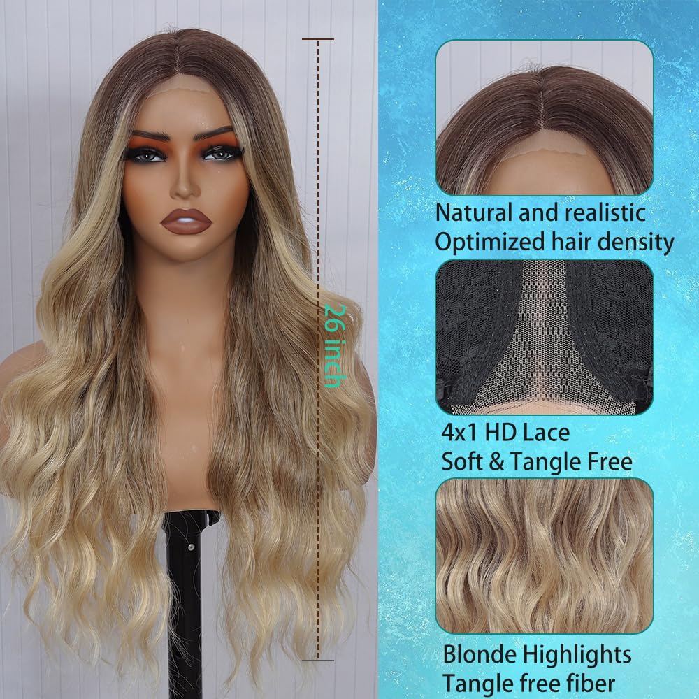 HMHIFI Long Ombre Blonde Highlights Wig for Women 26 inch 4x1 Lace Hairline Wigs Upgraded Protein Fiber Natural Looking Hair Replacement Wig Cosplay Costume Halloween Wig