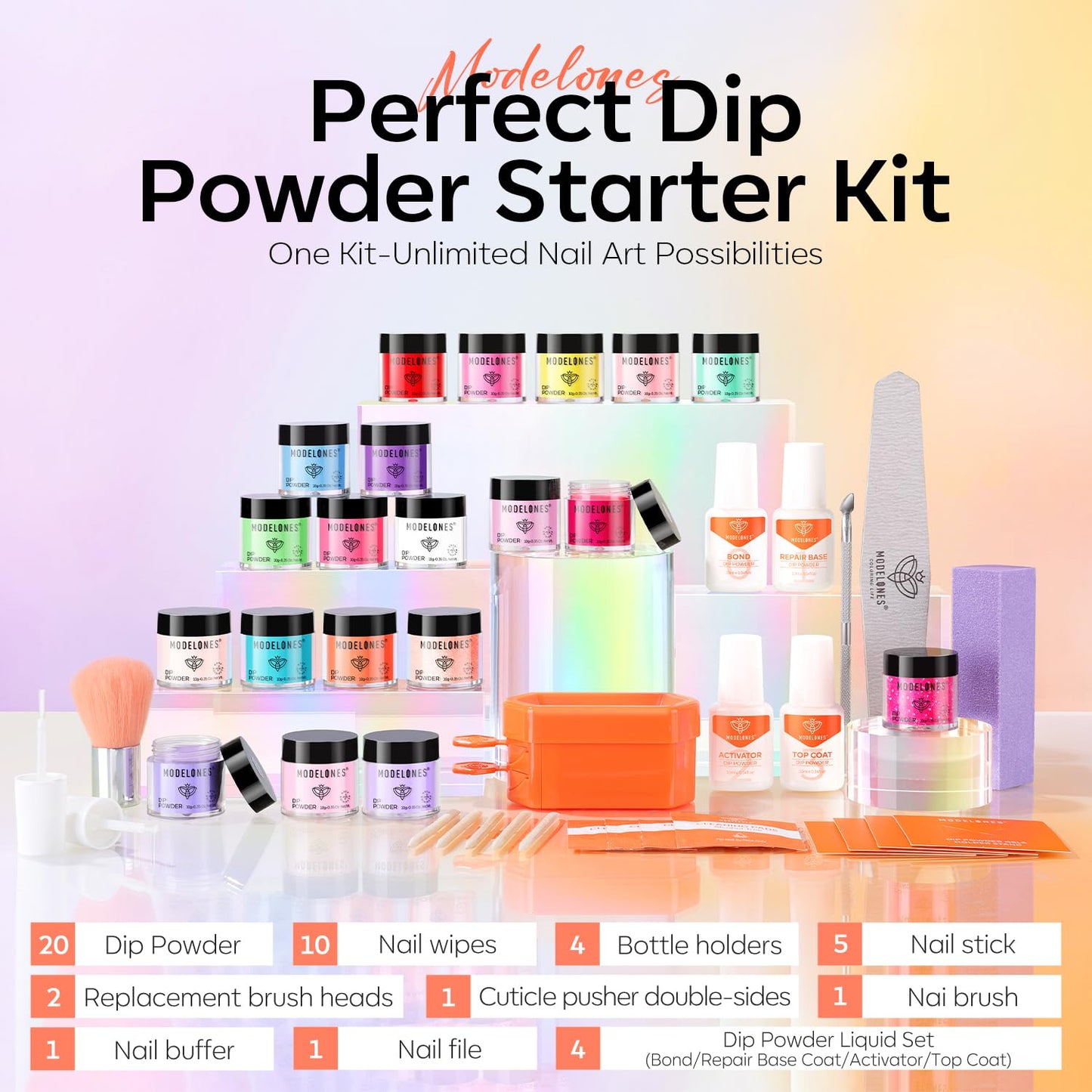 Modelones Dip Powder Nail Kit Starter, 20 Colors Summer Clear Pink Dipping Powder Liquid Set Base&Top Activator for French Nail Art Salon DIY Kit