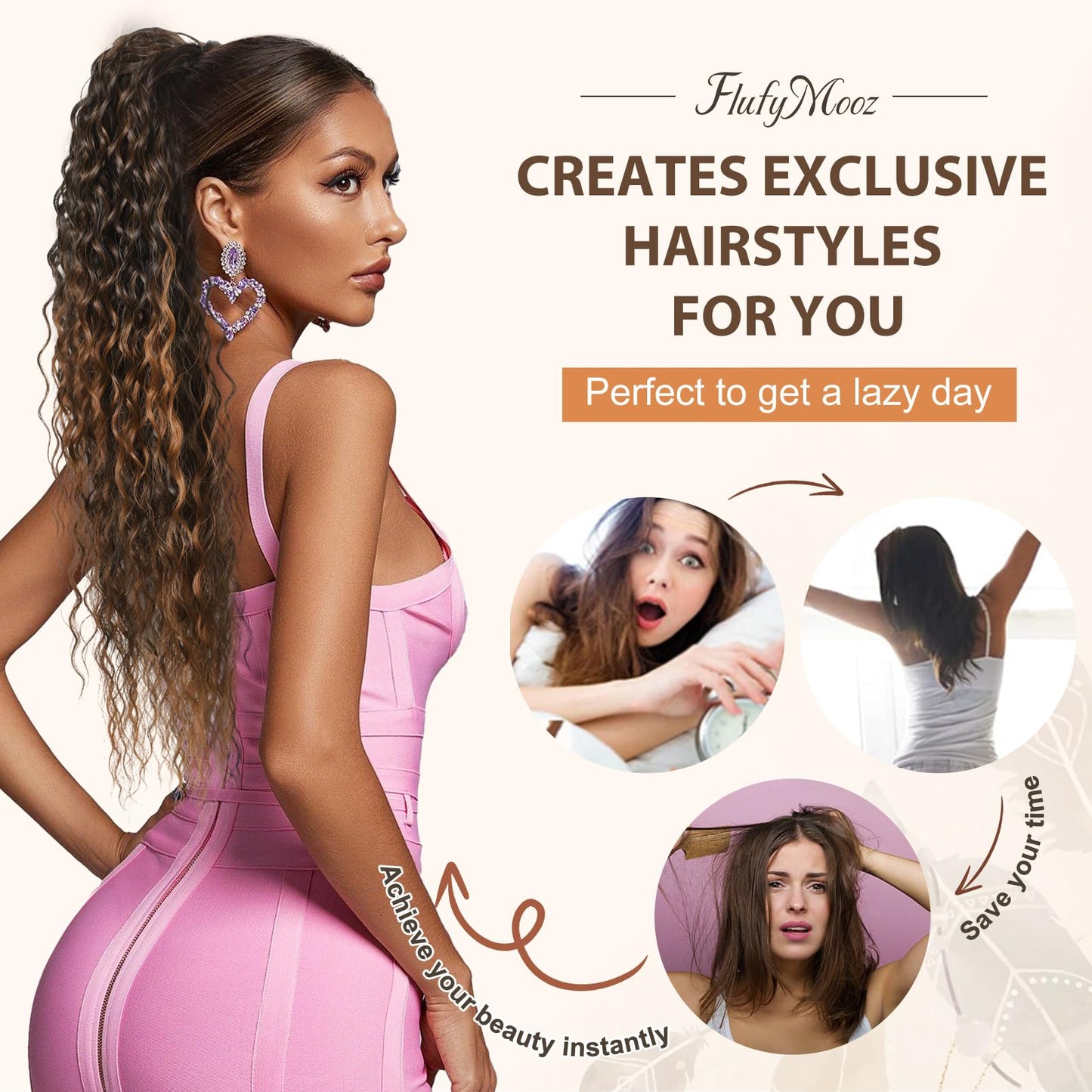 Flufymooz Ponytail Extension, 26 Inch Bohemian Style Drawstring Ponytail Hair Extensions for Women, Long Curly Wavy Pony Tail Natural Synthetic Hairpiece for Women (Deep Brown with Dirty Blonde)