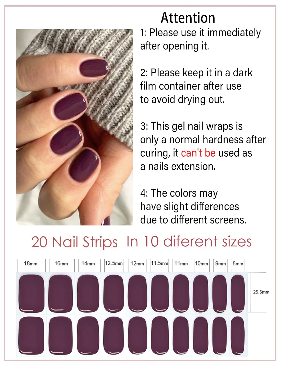 Wahrshei Semi Cured Gel Nail Strips, 20pcs Purple Plum Gel Nail Stickers Work with UV, Easy to Use and Remove