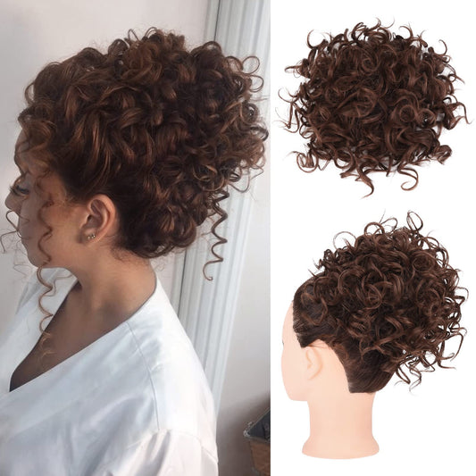HOOJIH Curly Hair Bun, Messy Bun Hair Piece Elastic Drawstring Messy Bun Large Full Hair Bun Extension Hairpiece Short Synthetic Ponytail Extension for Women - Medium Cinnamon Brown