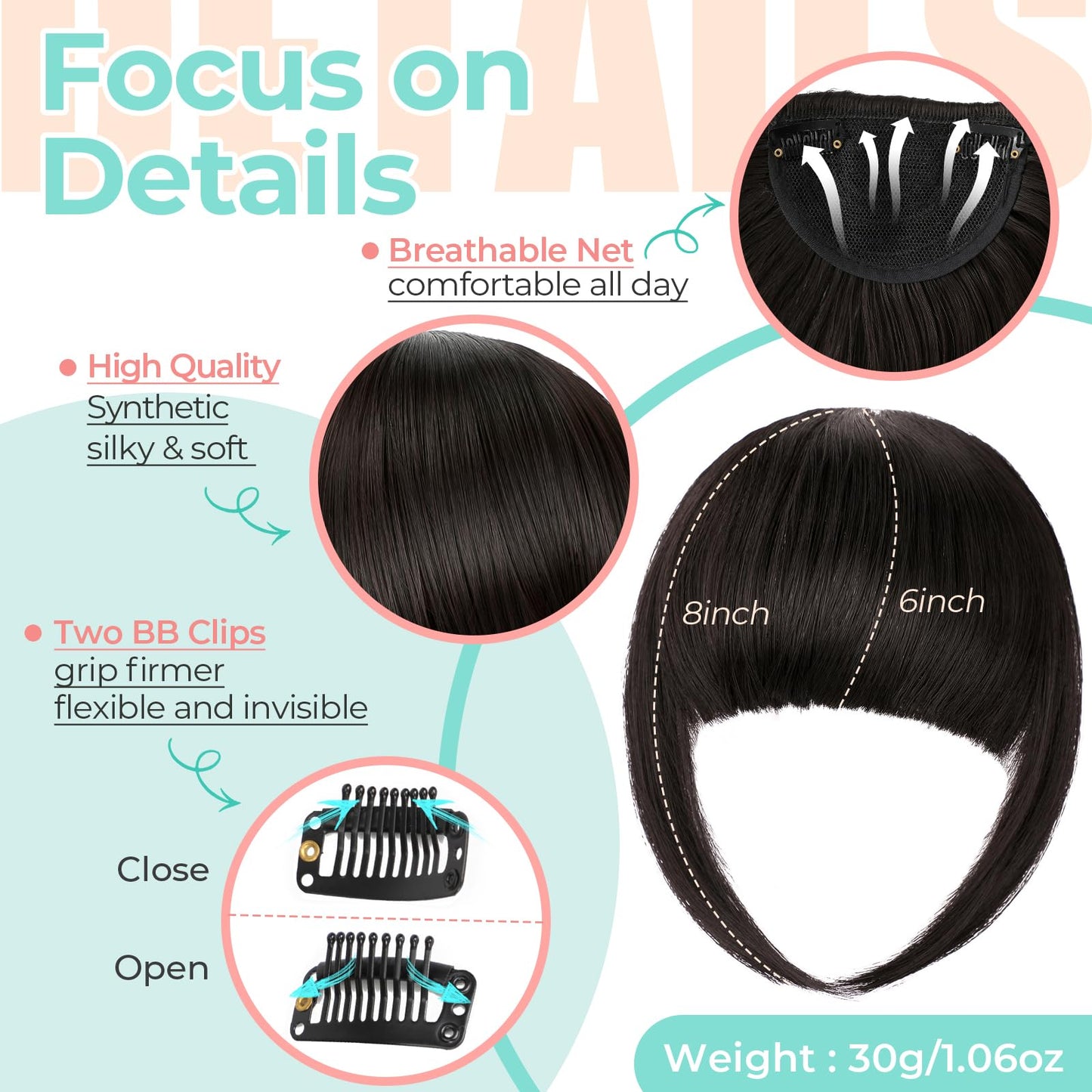 Cephermer Clip in Bangs, Synthetic French Bangs Hair Clip, Fake Bangs Fringe with Temples Hairpieces for Women Natural Curved Bangs Clip in Hair Extensions for Daily Wear Dark Brown