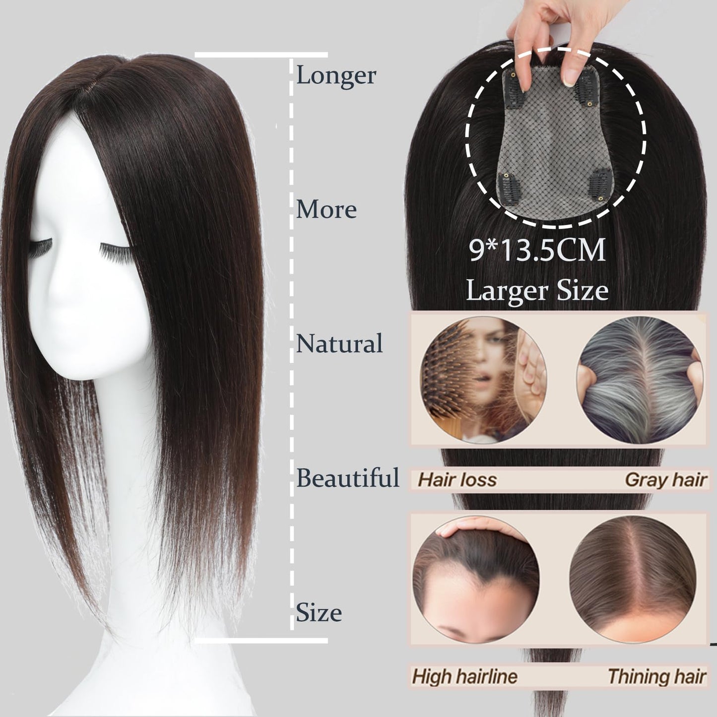 Hair Toppers for Women Real Human Hair, 360° 3D Human with Thinning Upgrade Middle Part Clip in Bangs Topper Hair Pieces for Women Daily(Medium Dark Brown, 14 Inch)