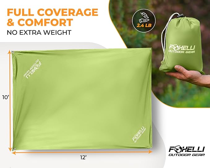 Foxelli Hammock Rain Fly - Waterproof Lightweight Tent & Hammock Rain Tarp for Camping, Backpacking w/Easy Setup Including Extra Long Guy Lines & Stakes