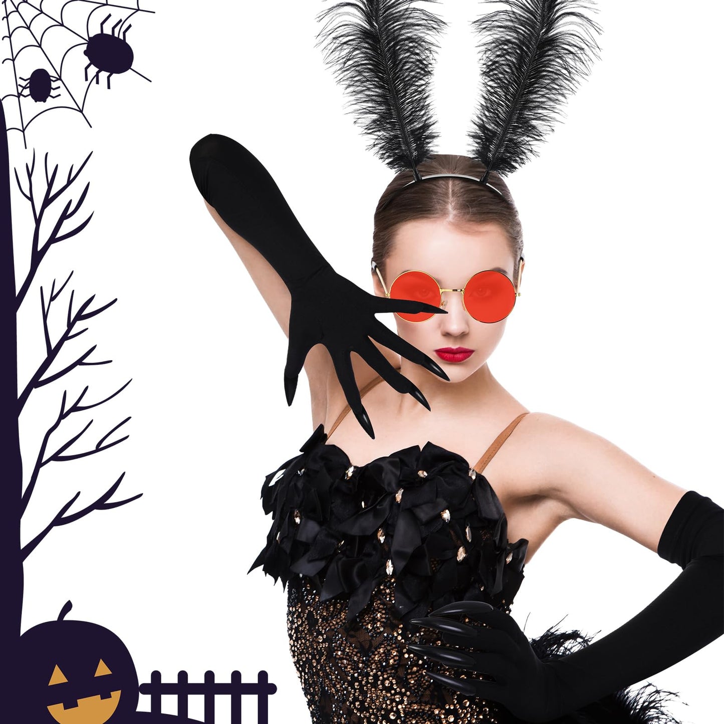 Twistover 3 Pcs Halloween Mothman Costume Accessories Include Paw Gloves Glasses Feather Headband for Unisex Adults Women Men(Retro)