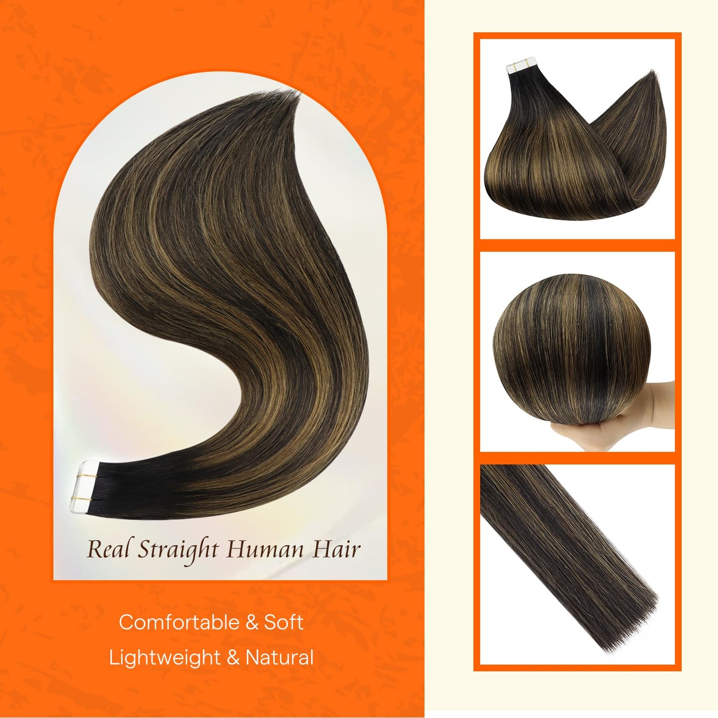 Full Shine Tape in Hair Extensions 12 Inch Color 1B Off Black Ombre 6 Brown Highlight 1B Black Balayage Invisible Seamless Human Hair Extensions Tape in 30 Grams 20 PCS for Women