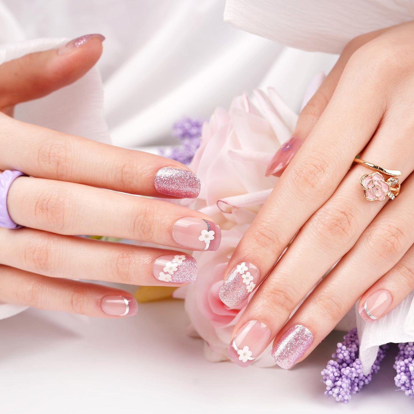 DANNI & TONI Semi Cured Gel Nail Strips Purple (Spring Whisper) French Tip Flowers Gel Nail Wraps UV Nails 28 Stickers