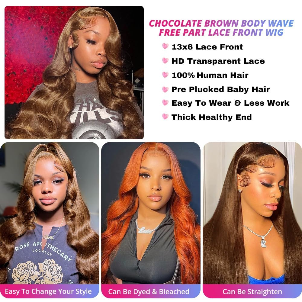 200 Density 13X6 Chocolate Brown Body Wave Lace Front Wigs Human Hair 13x6 HD Transparent Lace Front Wigs For Women Auburn Brown Colored with Baby Hair Glueless Wigs Human Hair Full And Thick(20 Inch)
