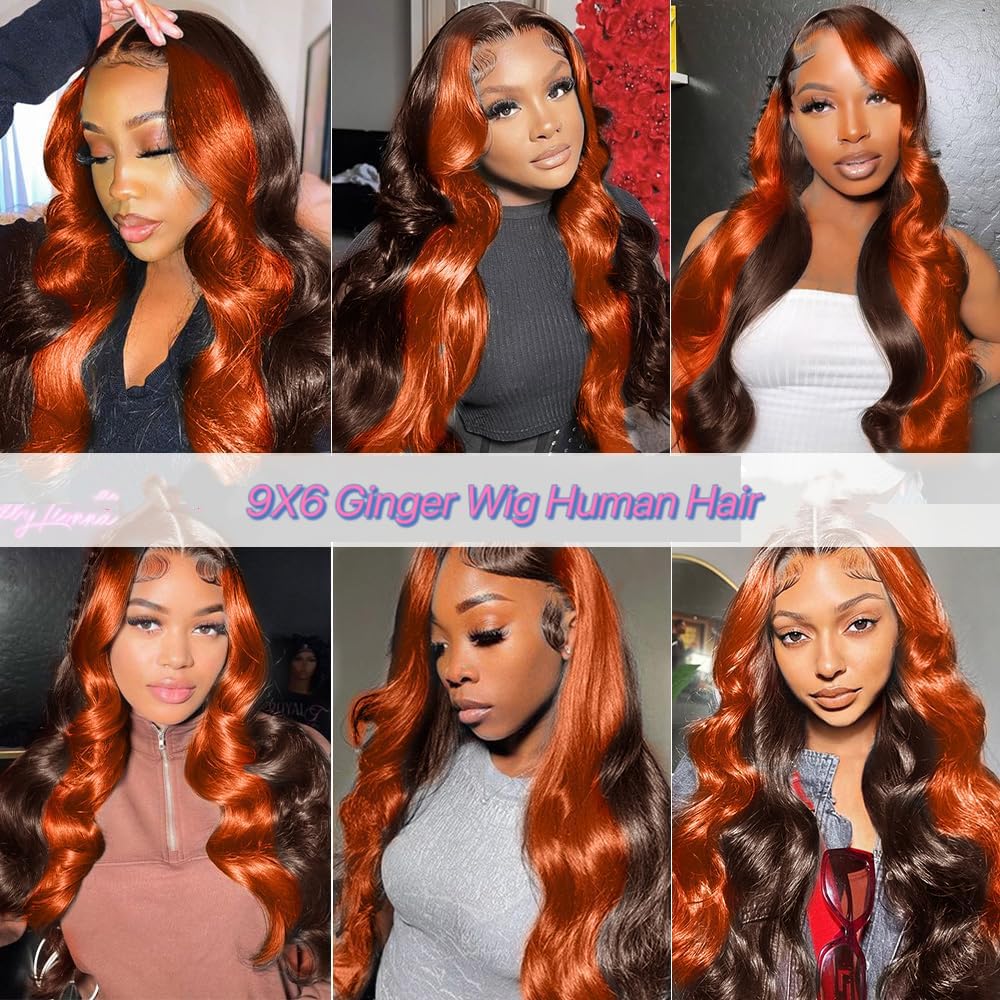 200% Density Wear And Go 9x6 Glueless Wigs Human Hair Pre Plucked Pre Cut For Beginners Ginger Body Wave Lace Front Wigs Human Hair For Black Women HD Lace Closure Colored Glueless Wig(30 INCH)