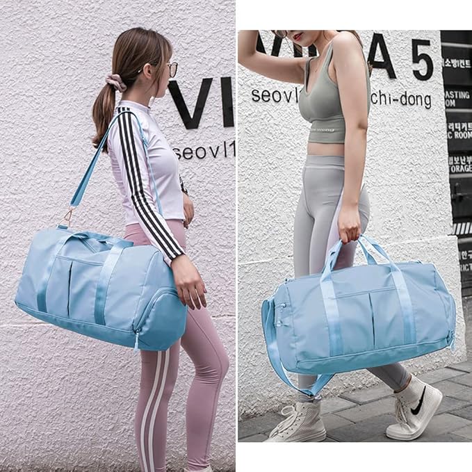 Small Gym Bag for Women and Men, Workout Bag for Sports and Weekend Getaway, Waterproof Dufflebag with Shoe and Wet Clothes Compartments (Light blue)