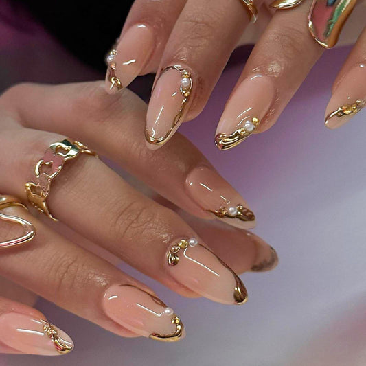 Gold French Tip Press on Nails Nude Fake Nails Medium Almond False Nails with Pearl Rhinestone Design Glossy Glue on Nails Artificial Acrylic Nail 3D Gold Stick on Nails for Women Girls Manicure 24Pcs
