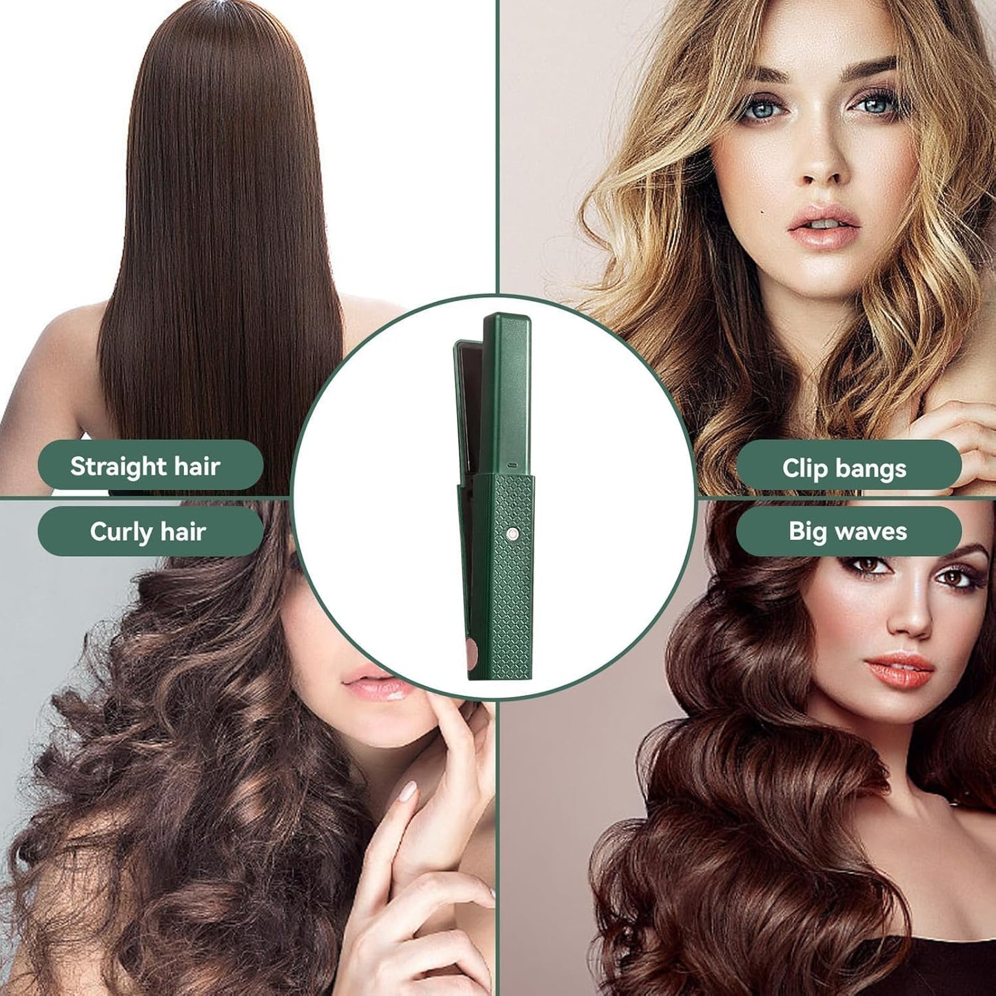 Cordless Hair Straightener, 2 in 1 Portable Mini Ceramic Flat Iron and Curler, USB-C Rechargeable Travel Straightener, Lock in Moisture & Shine, 3 Levels Adjustable (Green)