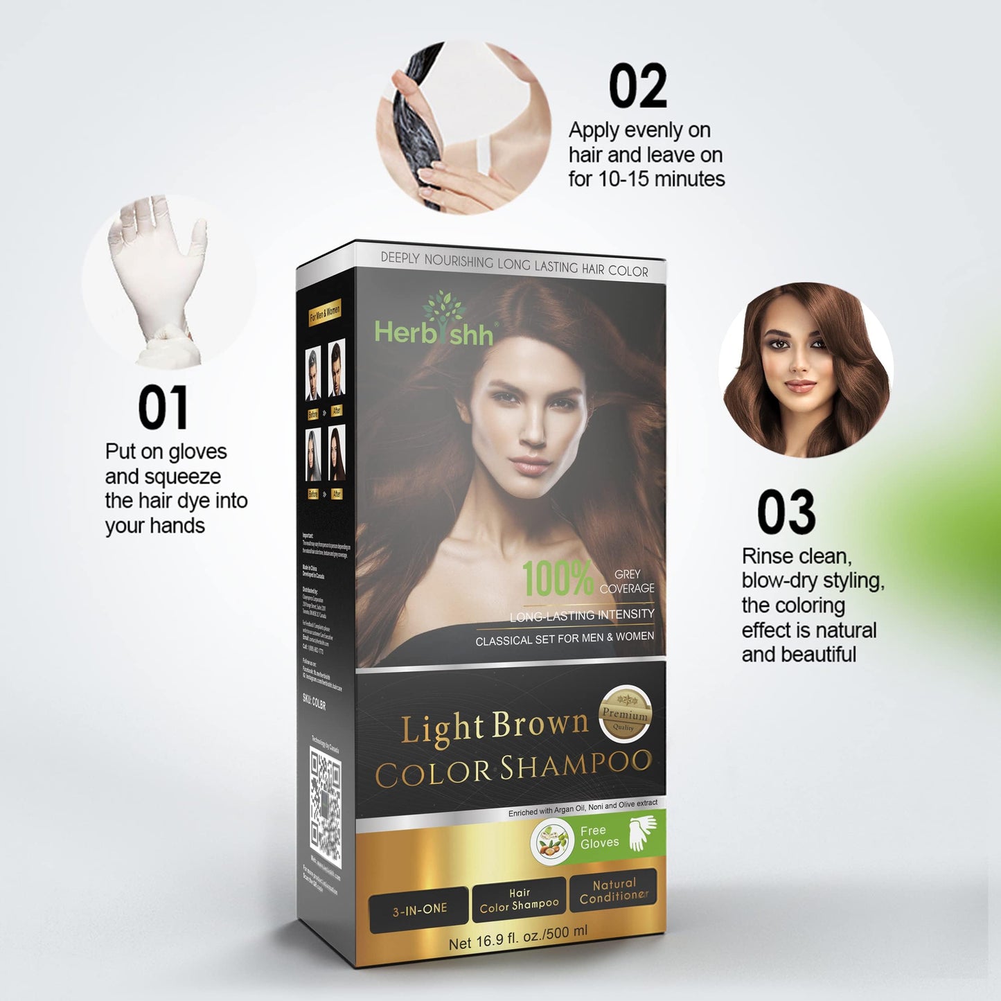 Herbishh 3-In-1 Magic Hair Dye Shampoo for Gray Hair - Light Brown, 500 Ml, Ammonia-Free, Long Lasting, Colors Hair in Minutes,Unisex