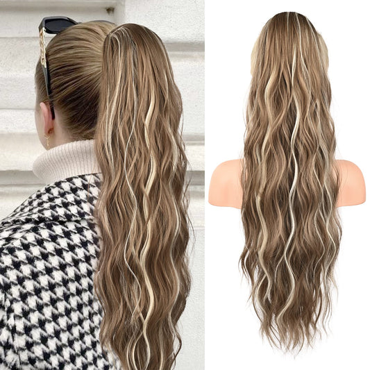 FLUFYMOOZ Ponytail Extension, 26 Inch Drawstring Ponytail Hair Extensions for Women， Long Curly Wavy Ponytail Natural Wavy Synthetic Hairpiece for Women (26" Ash Brown with Blonde Highlights)