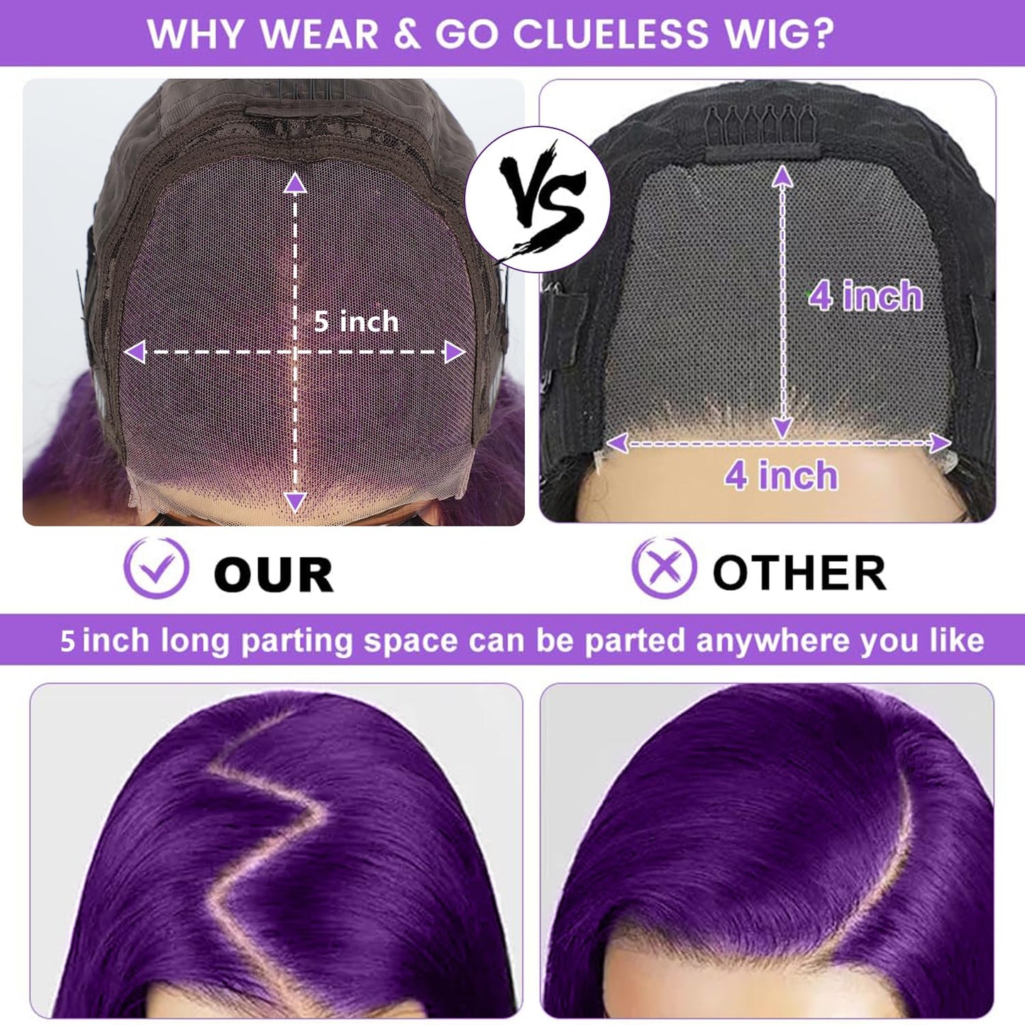 Glueless Purple Lace Front Wigs Human Hair for Women 5x5 Purple Body Wave Frontal Wigs 200% Density Pre Plucked HD Transparent Lace Closure Colored Human Hair Wig 18 Inch