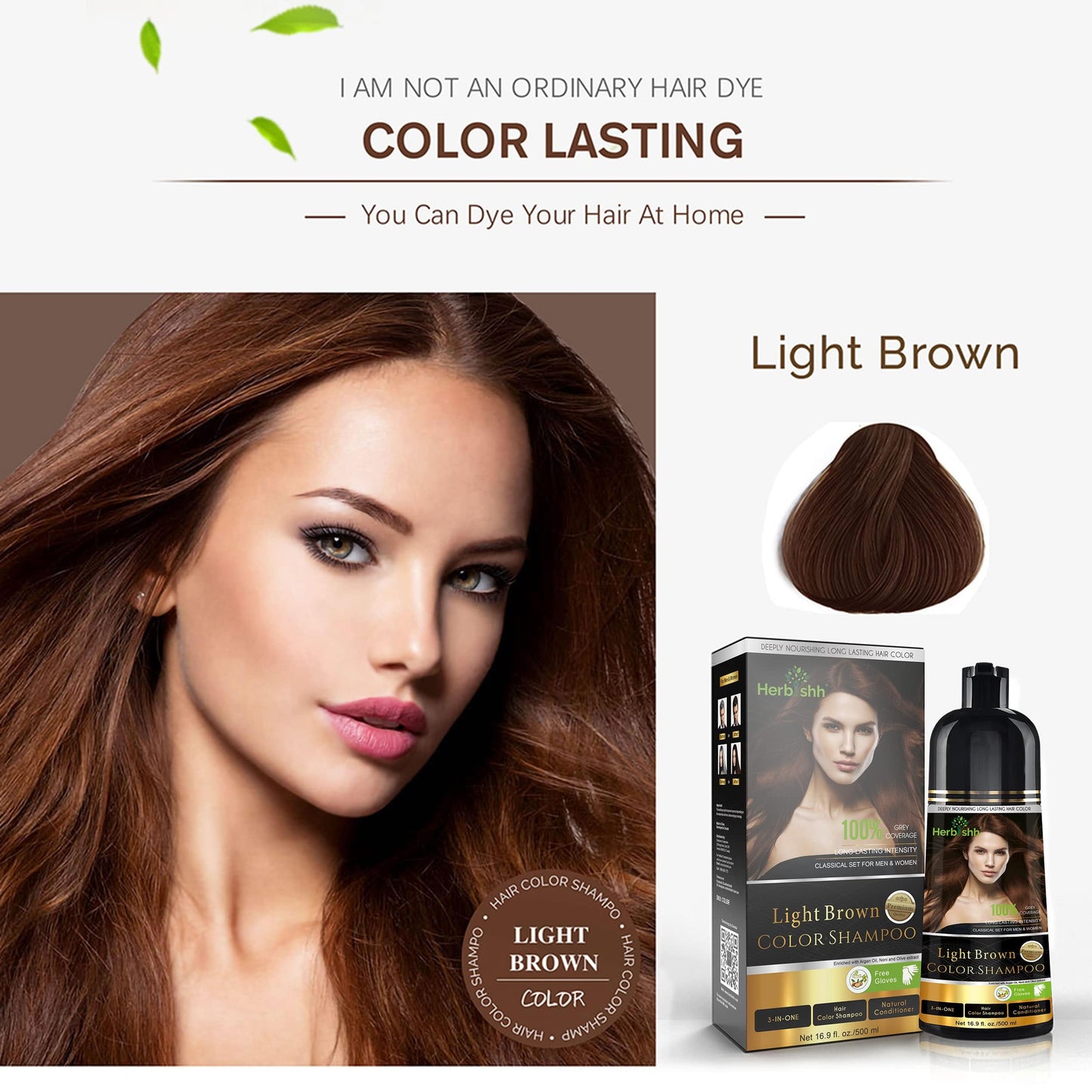 Herbishh 3-In-1 Magic Hair Dye Shampoo for Gray Hair - Light Brown, 500 Ml, Ammonia-Free, Long Lasting, Colors Hair in Minutes,Unisex