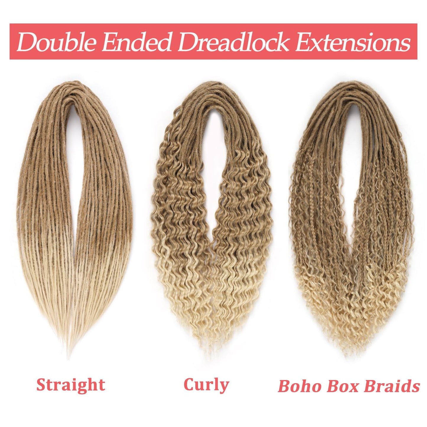 Leeven Wavy Double Ended Dreadlock Extensions 24 Inch Black to Blonde Ombre DE Curly Synthetic Dreads 10 Strands Boho Dread Extensions Braid in Handmade Hippie Dreads Thin Wool Dreads for Women Men