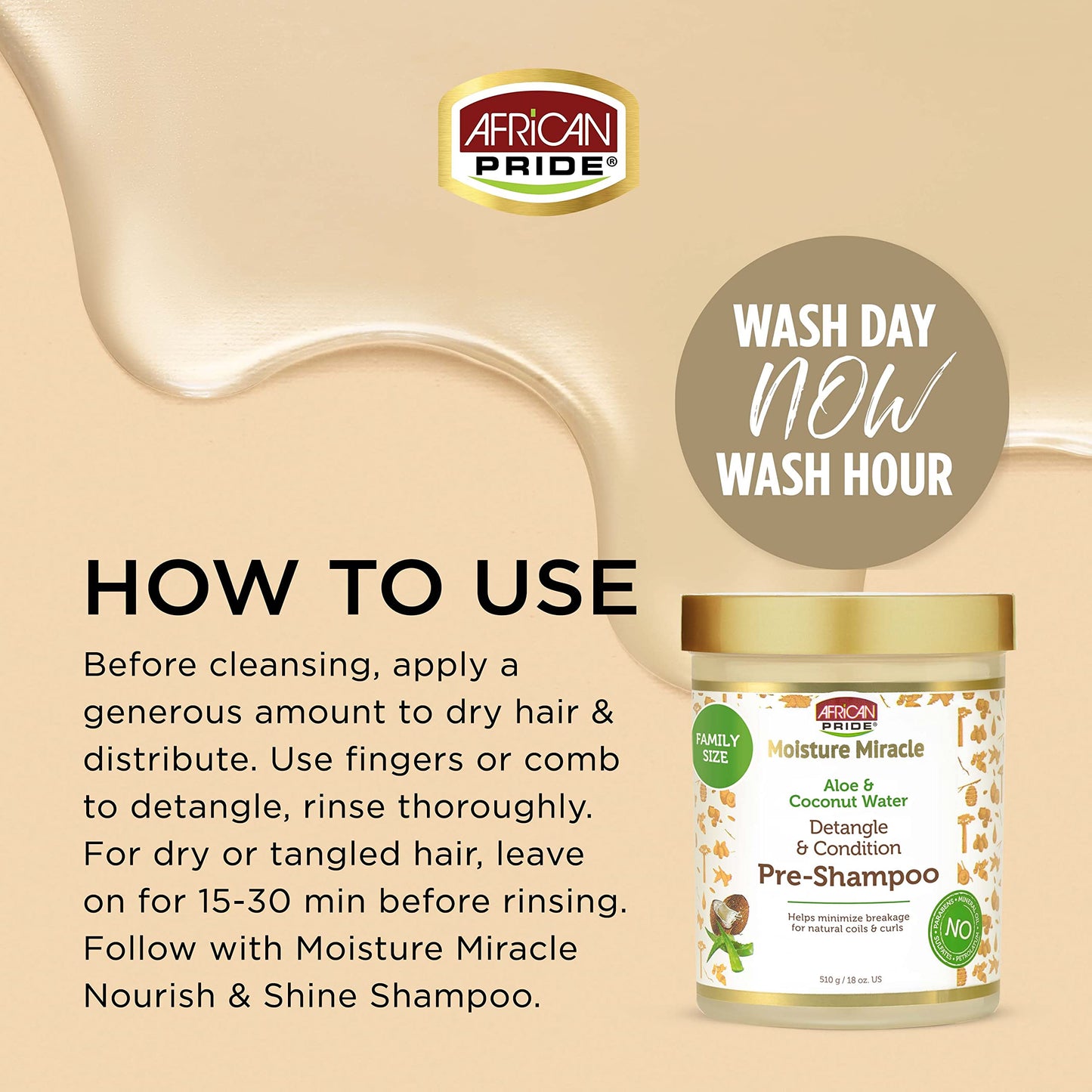 African Pride Moisture Miracle Pre-Shampoo Hair Detangler with Aloe & Coconut Water | Minimizes Breakage, Hydrates & Strengthens | Pre-Poo Treatment for Natural Coils & Curls | 18 oz.