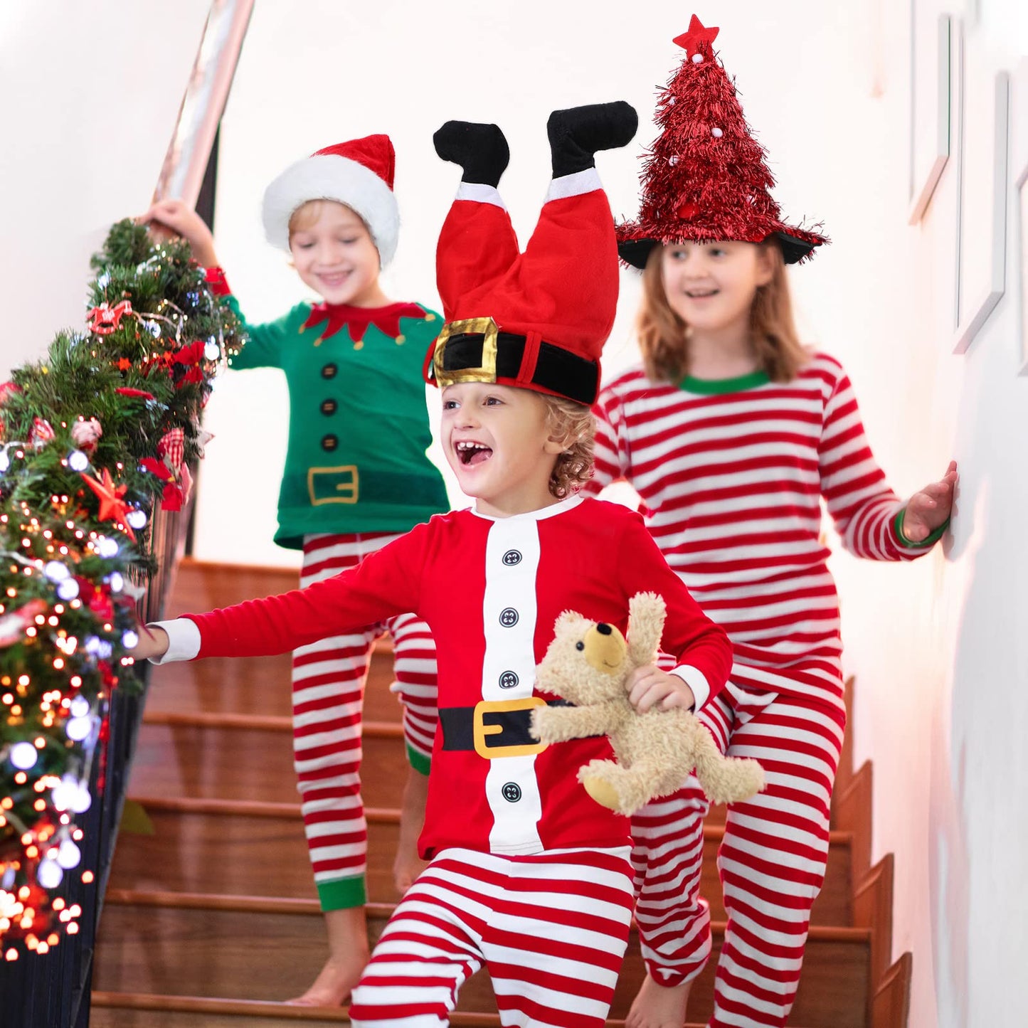 Funtery 8 Pieces Christmas Santa Unisex Hat Funny Long Striped Elf Pants Hat Christmas Tree Tinsel Accessories for Women Men Xmas Costume Party Supplies