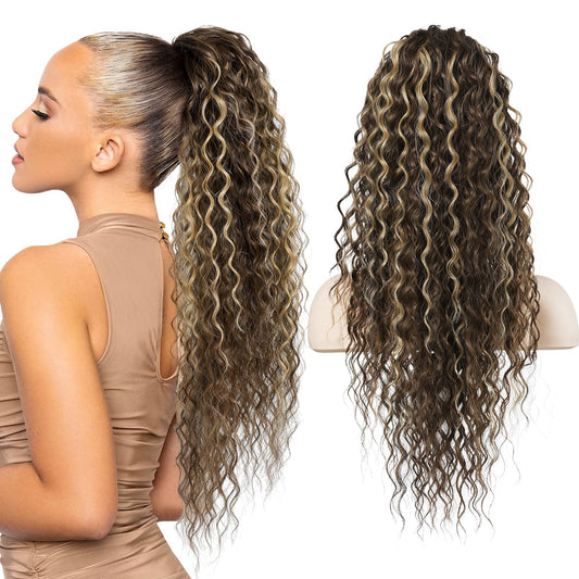 Flufymooz Ponytail Extension, 26 Inch Bohemian Style Drawstring Ponytail Hair Extensions for Women, Long Curly Wavy Pony Tail Natural Synthetic Hairpiece for Women (Deep Brown with Dirty Blonde)
