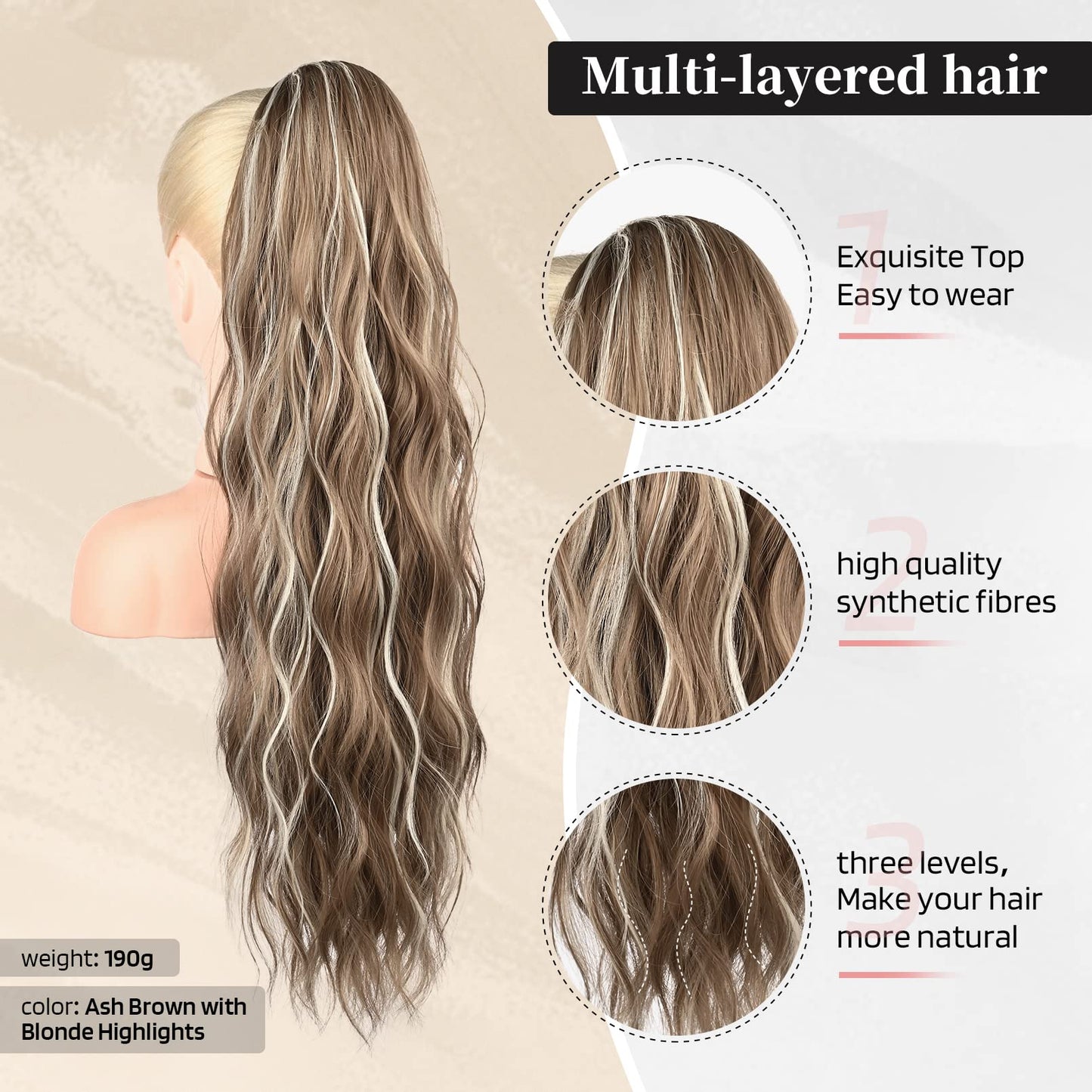 FLUFYMOOZ Ponytail Extension, 26 Inch Drawstring Ponytail Hair Extensions for Women， Long Curly Wavy Ponytail Natural Wavy Synthetic Hairpiece for Women (26" Ash Brown with Blonde Highlights)