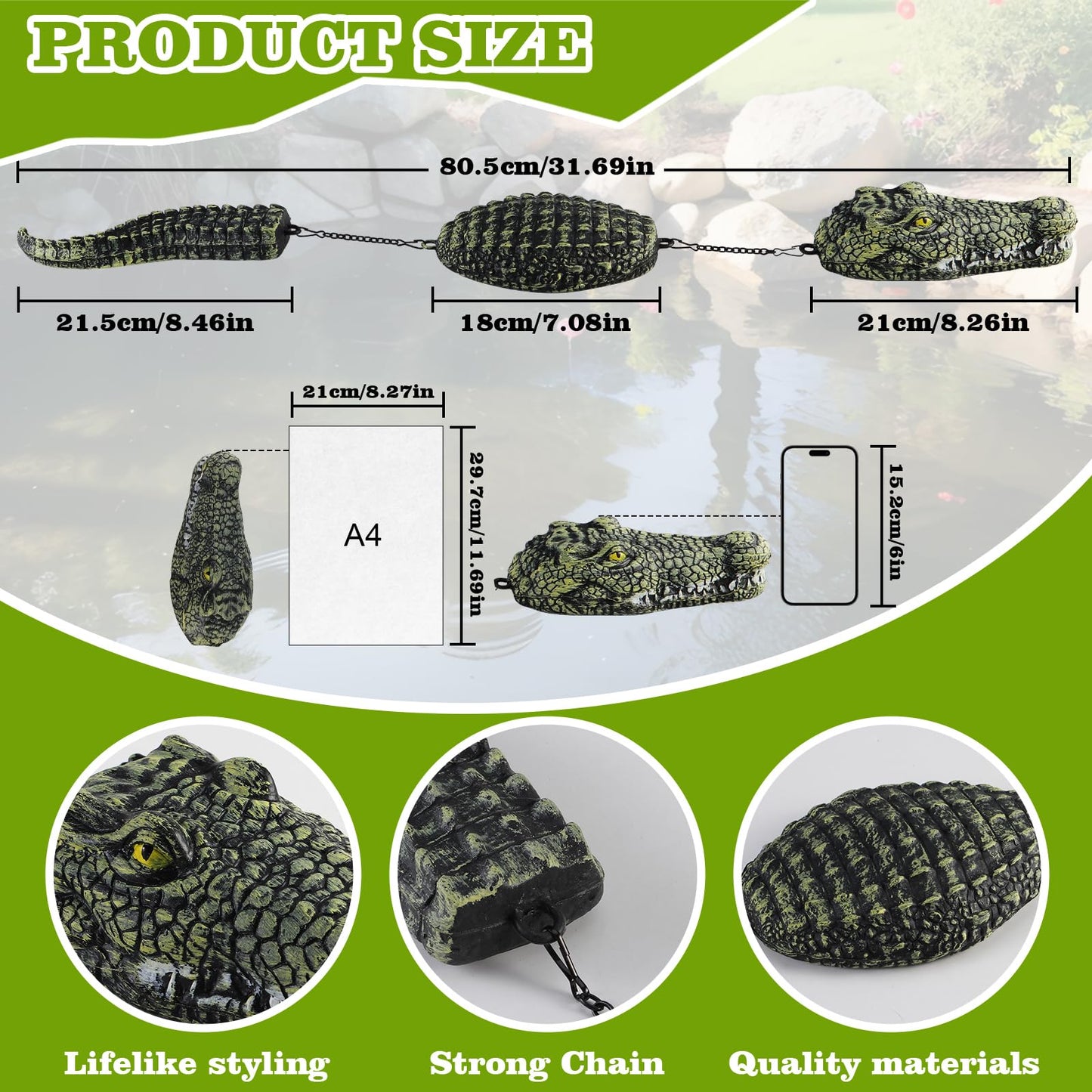 EXLIPO 3-Segment Floating Alligator Decoy - Plastic Fake Crocodile, Realistic Alligator Floating Decoy for Pool, Outdoor Garden Decor & Prank