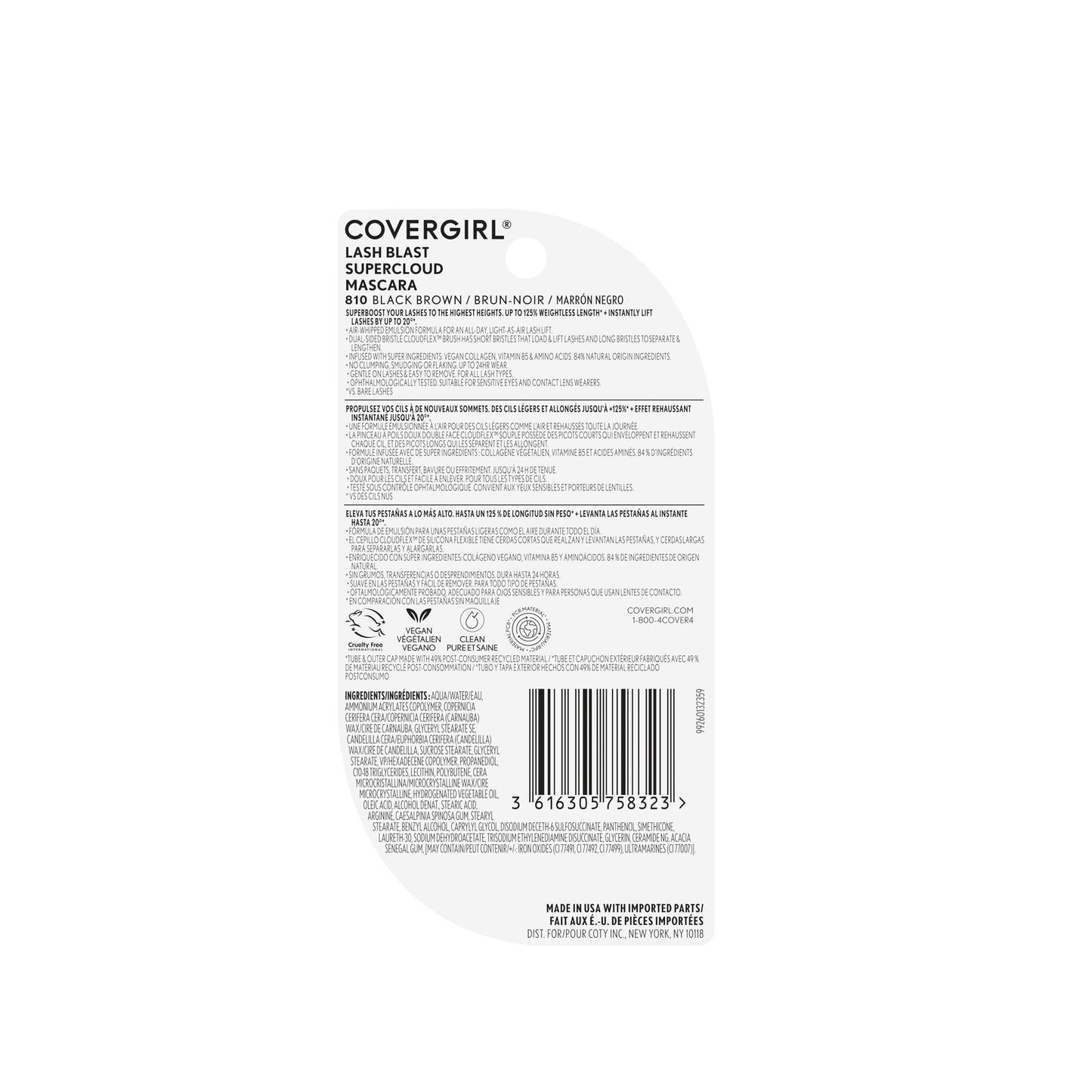 CoverGirl Lash Blast Supercloud, 810 Black Brown, Mascara, Long-Lasting, No Clump or Smudge, Doesn't Flake, Vegan, 0.33oz